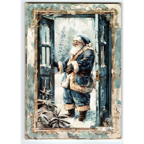 Vintage Blue Suit Santa Claus Christmas Lithograph Postcard 5.5x4" - Picture 1 of 2